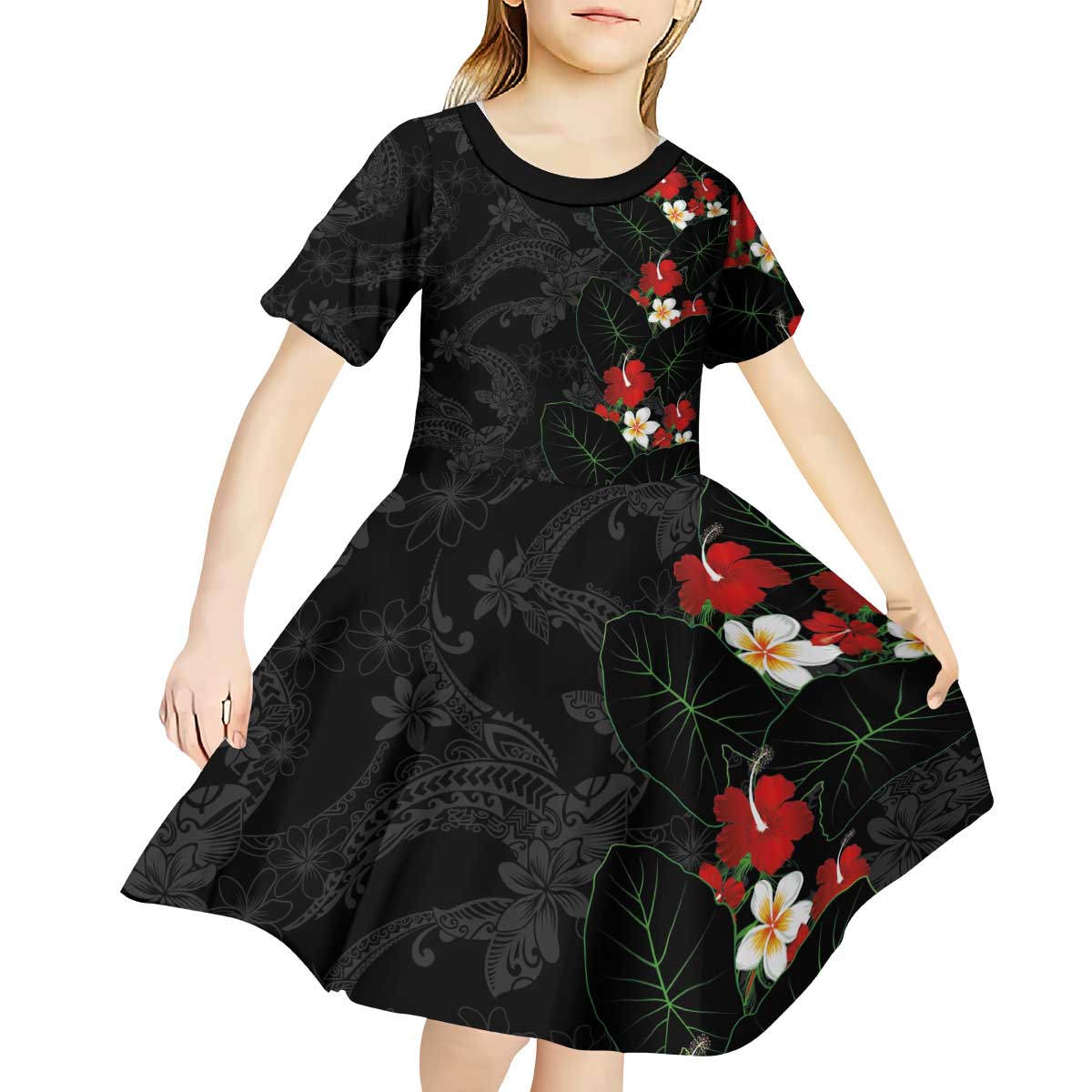 Hawaiian Taro Leaves-Hibiscus and Plumeria Kid Short Sleeve Dress Floral Tribal Tattoo Motif LT03 - Polynesian Pride