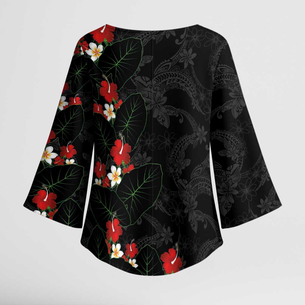 Hawaiian Taro Leaves-Hibiscus and Plumeria Kimono Sleeve Blouse Floral Tribal Tattoo Motif