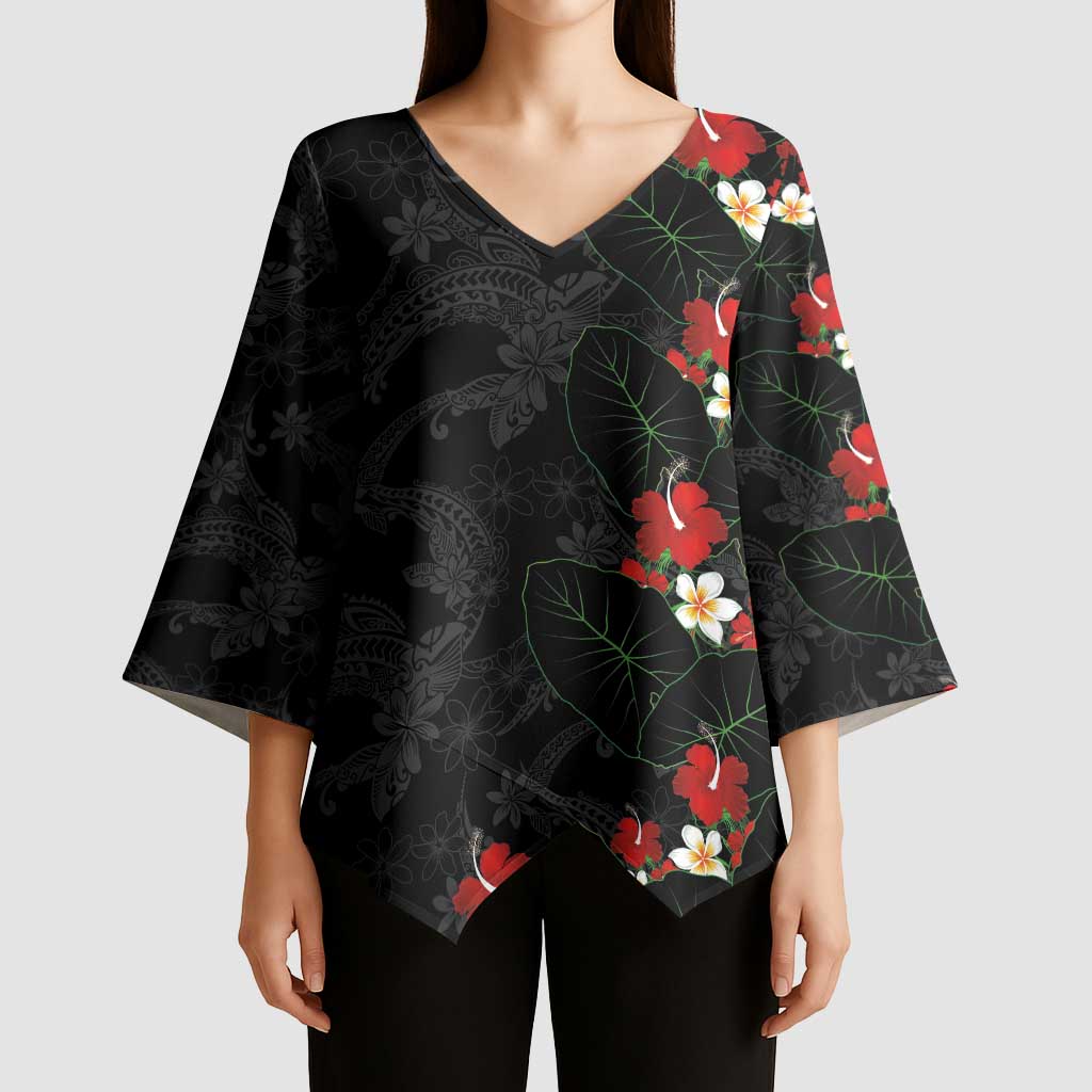 Hawaiian Taro Leaves-Hibiscus and Plumeria Kimono Sleeve Blouse Floral Tribal Tattoo Motif