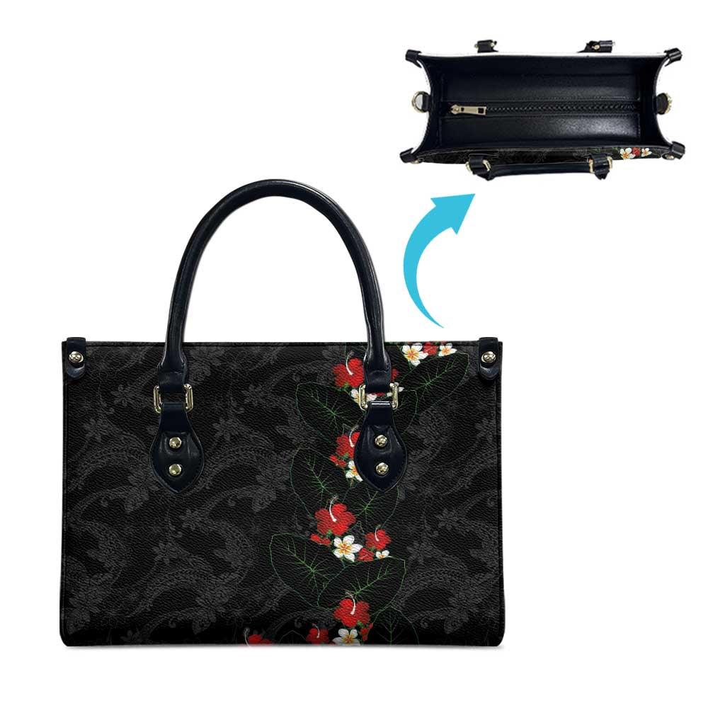 Hawaiian Taro Leaves-Hibiscus and Plumeria Leather Bag Floral Tribal Tattoo Motif