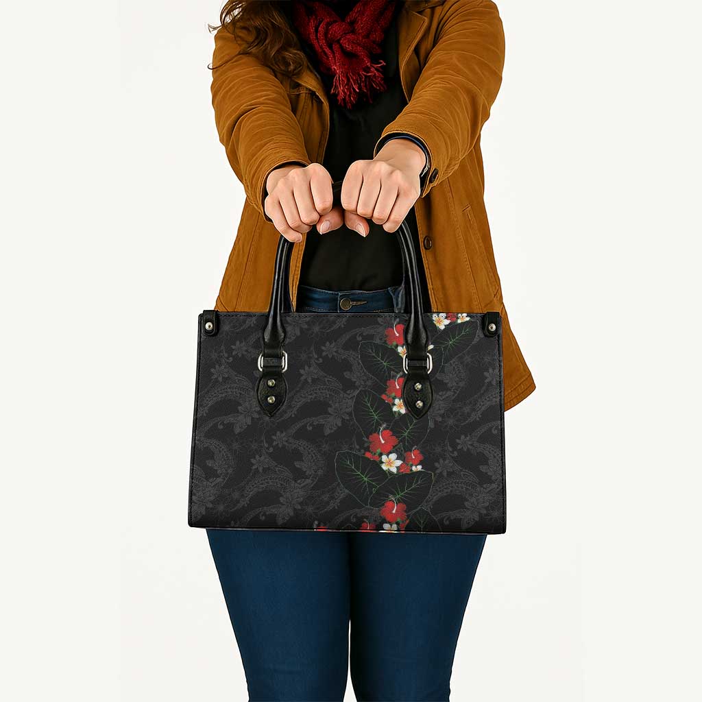 Hawaiian Taro Leaves-Hibiscus and Plumeria Leather Bag Floral Tribal Tattoo Motif
