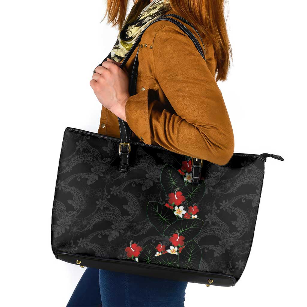 Hawaiian Taro Leaves-Hibiscus and Plumeria Leather Tote Bag Floral Tribal Tattoo Motif