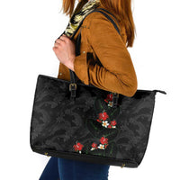Hawaiian Taro Leaves-Hibiscus and Plumeria Leather Tote Bag Floral Tribal Tattoo Motif