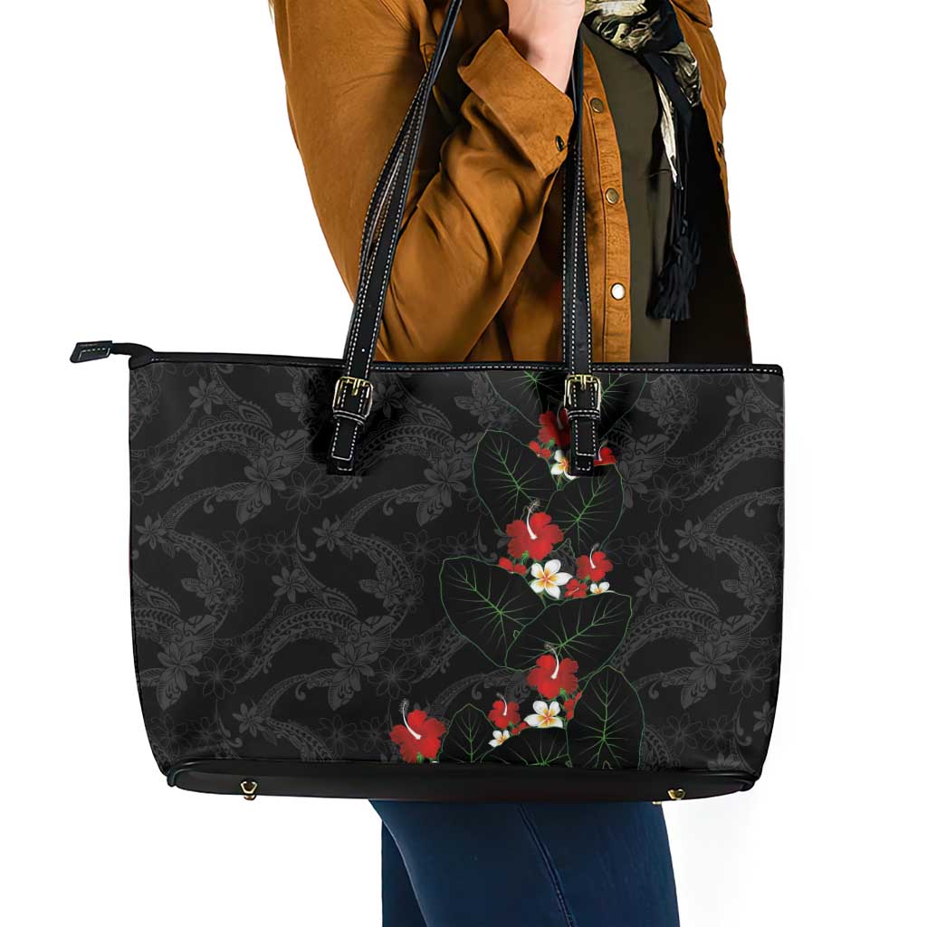 Hawaiian Taro Leaves-Hibiscus and Plumeria Leather Tote Bag Floral Tribal Tattoo Motif