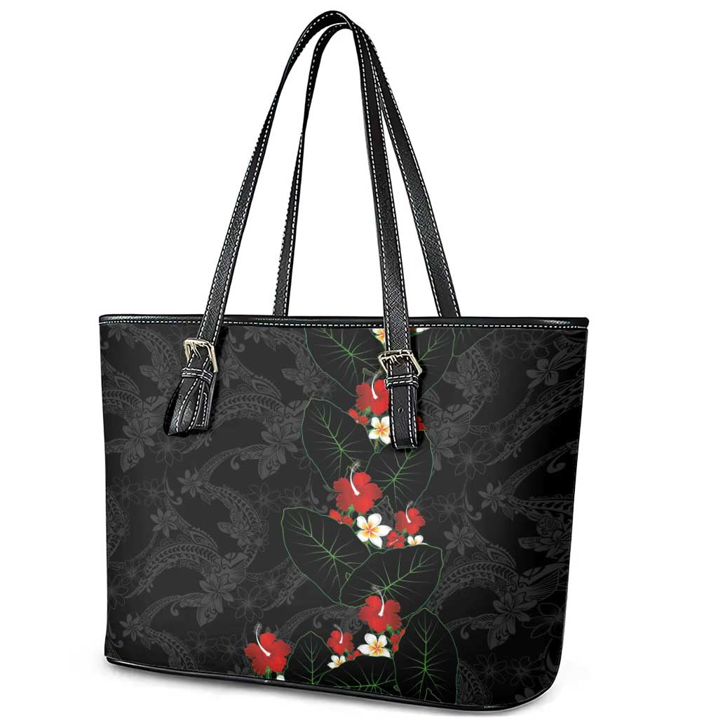 Hawaiian Taro Leaves-Hibiscus and Plumeria Leather Tote Bag Floral Tribal Tattoo Motif
