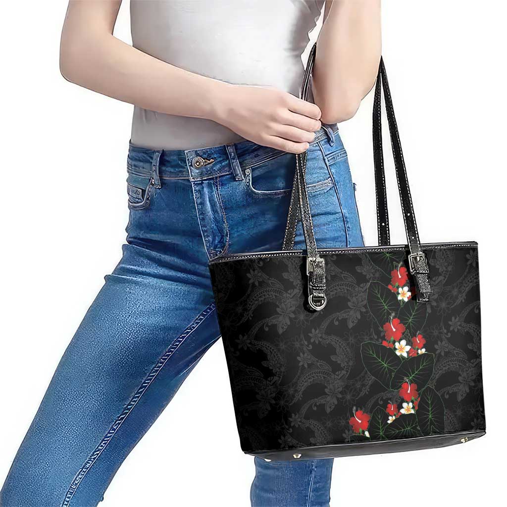 Hawaiian Taro Leaves-Hibiscus and Plumeria Leather Tote Bag Floral Tribal Tattoo Motif