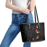 Hawaiian Taro Leaves-Hibiscus and Plumeria Leather Tote Bag Floral Tribal Tattoo Motif