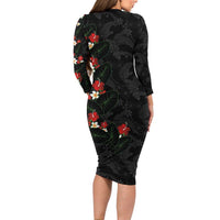 Hawaiian Taro Leaves-Hibiscus and Plumeria Long Sleeve Bodycon Dress Floral Tribal Tattoo Motif LT03 - Polynesian Pride