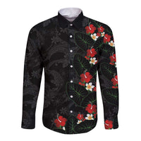 Hawaiian Taro Leaves-Hibiscus and Plumeria Long Sleeve Button Shirt Floral Tribal Tattoo Motif