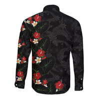 Hawaiian Taro Leaves-Hibiscus and Plumeria Long Sleeve Button Shirt Floral Tribal Tattoo Motif