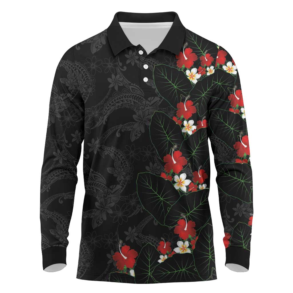 Hawaiian Taro Leaves-Hibiscus and Plumeria Long Sleeve Polo Shirt Floral Tribal Tattoo Motif LT03 Black - Polynesian Pride