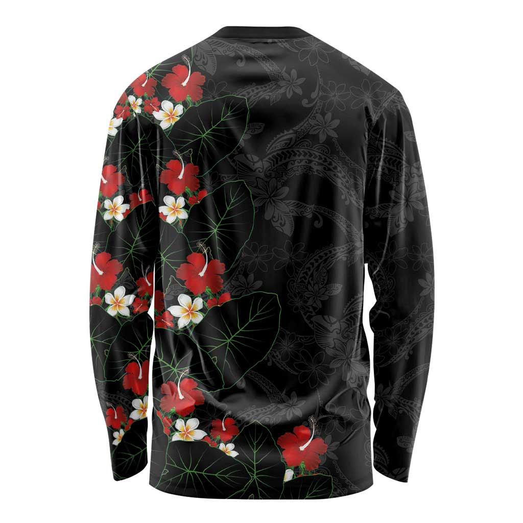 Hawaiian Taro Leaves-Hibiscus and Plumeria Long Sleeve Shirt Floral Tribal Tattoo Motif