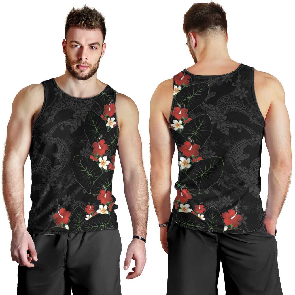 Hawaiian Taro Leaves-Hibiscus and Plumeria Men Tank Top Floral Tribal Tattoo Motif