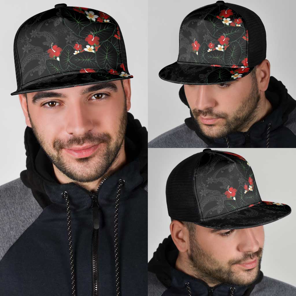 Hawaiian Taro Leaves-Hibiscus and Plumeria Mesh Trucker Cap Floral Tribal Tattoo Motif LT03 - Polynesian Pride