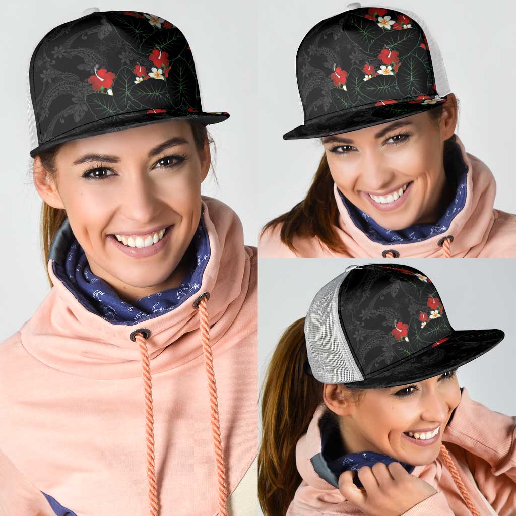 Hawaiian Taro Leaves-Hibiscus and Plumeria Mesh Trucker Cap Floral Tribal Tattoo Motif LT03 - Polynesian Pride