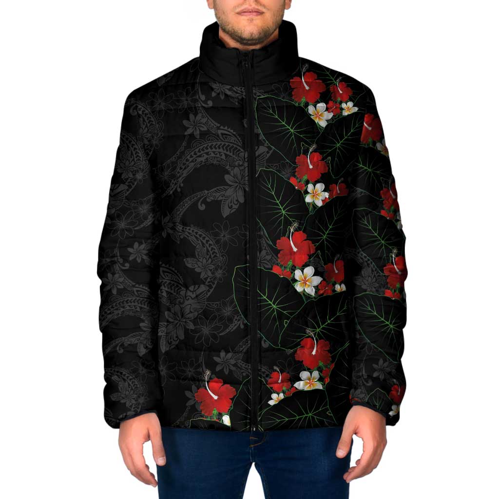 Hawaiian Taro Leaves-Hibiscus and Plumeria Padded Jacket Floral Tribal Tattoo Motif LT03 Men Black - Polynesian Pride