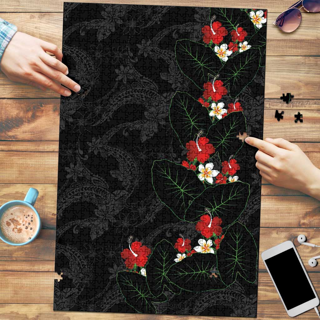 Hawaiian Taro Leaves-Hibiscus and Plumeria Puzzle Floral Tribal Tattoo Motif LT03 Black - Polynesian Pride