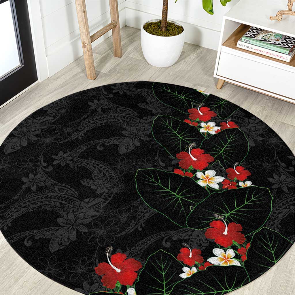 Hawaiian Taro Leaves-Hibiscus and Plumeria Round Carpet Floral Tribal Tattoo Motif