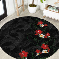 Hawaiian Taro Leaves-Hibiscus and Plumeria Round Carpet Floral Tribal Tattoo Motif