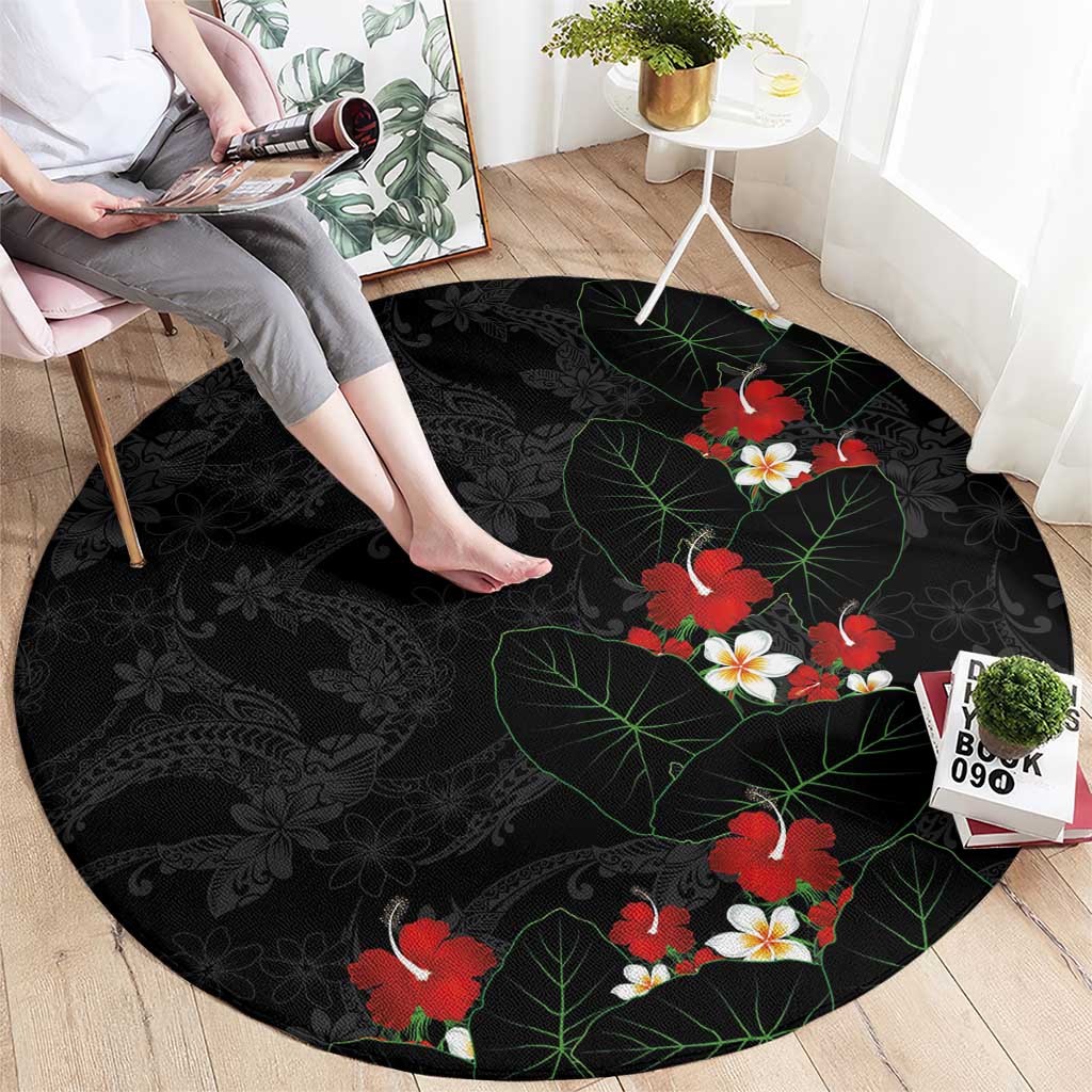 Hawaiian Taro Leaves-Hibiscus and Plumeria Round Carpet Floral Tribal Tattoo Motif