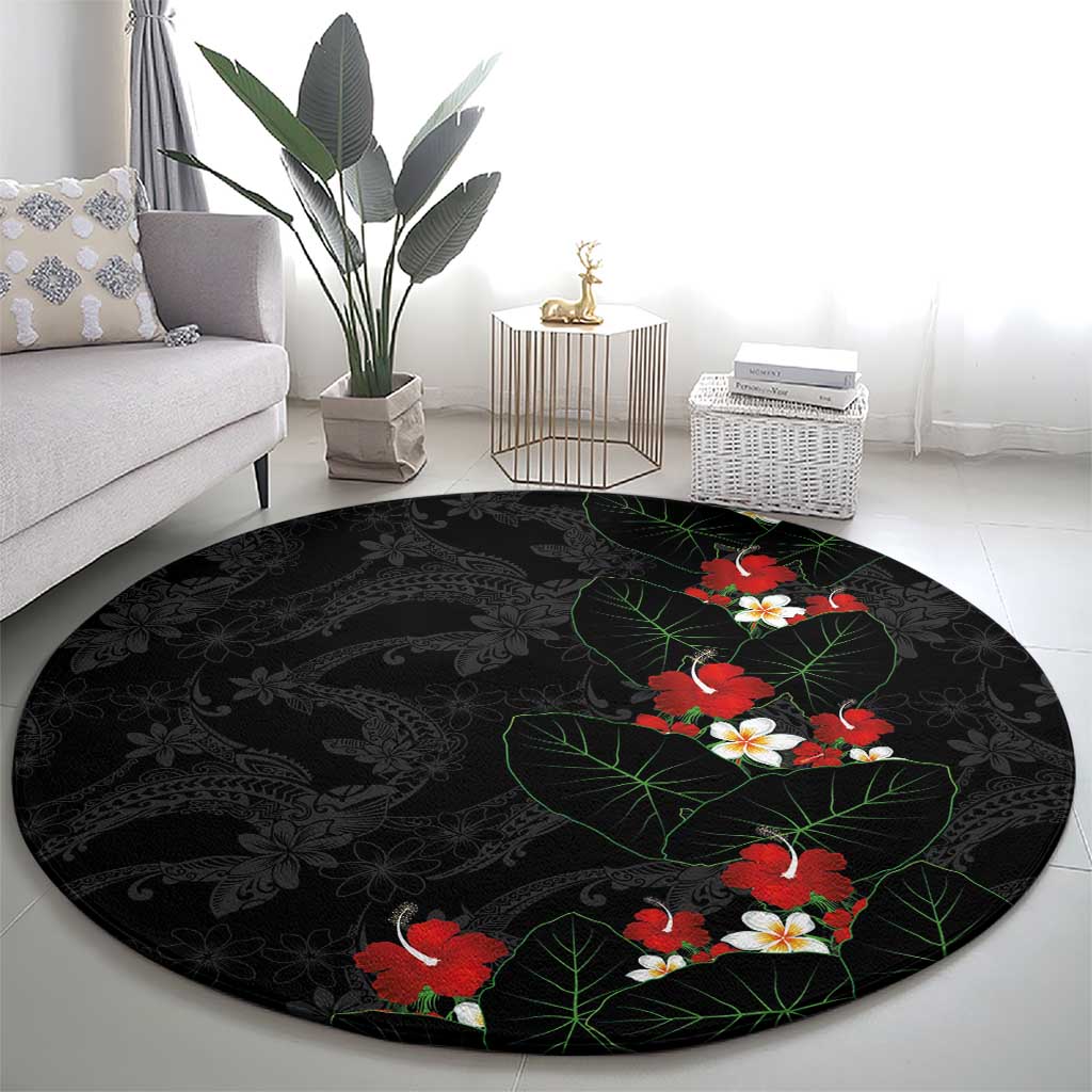 Hawaiian Taro Leaves-Hibiscus and Plumeria Round Carpet Floral Tribal Tattoo Motif