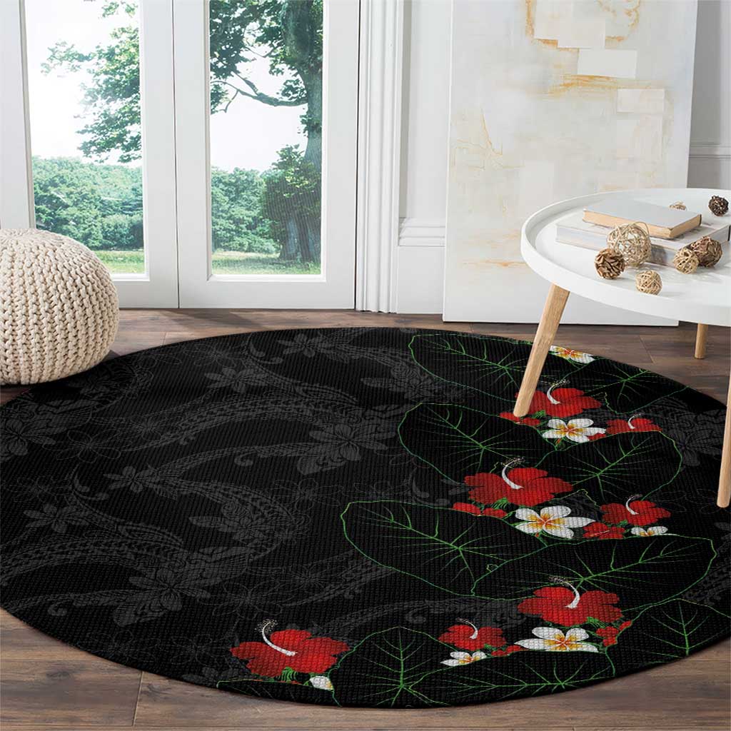 Hawaiian Taro Leaves-Hibiscus and Plumeria Round Carpet Floral Tribal Tattoo Motif