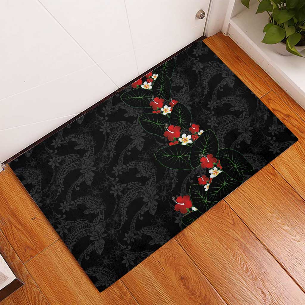 Hawaiian Taro Leaves-Hibiscus and Plumeria Rubber Doormat Floral Tribal Tattoo Motif