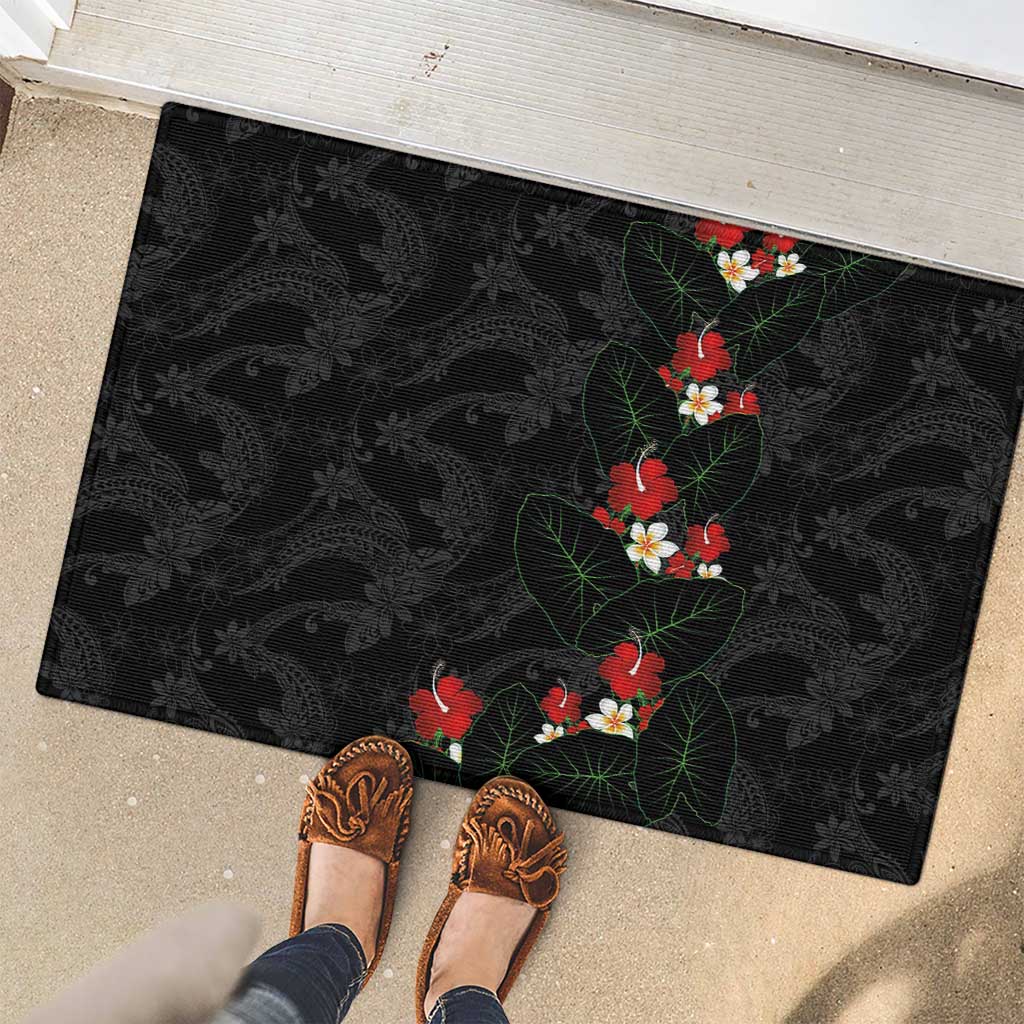 Hawaiian Taro Leaves-Hibiscus and Plumeria Rubber Doormat Floral Tribal Tattoo Motif