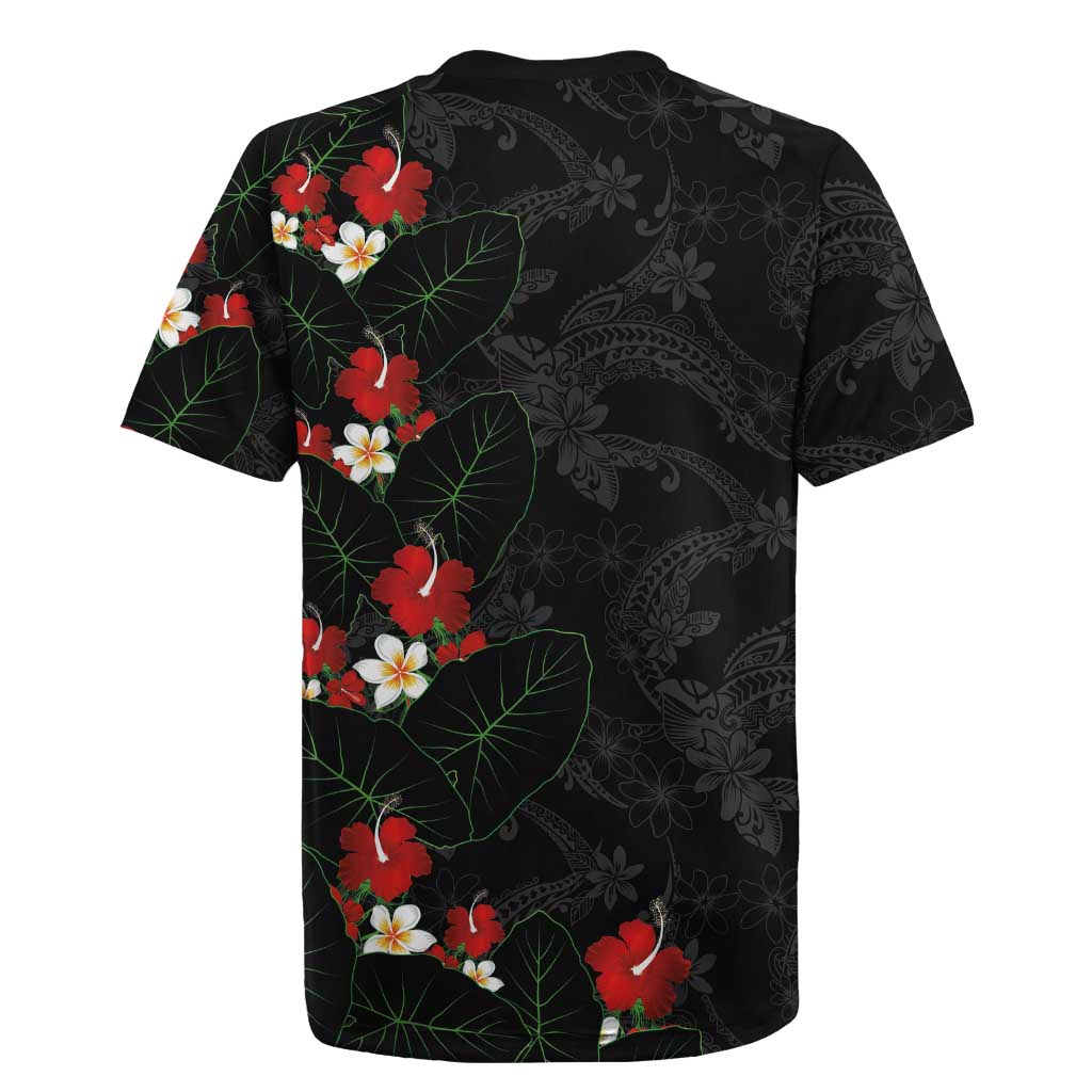 Hawaiian Taro Leaves-Hibiscus and Plumeria Rugby Jersey Floral Tribal Tattoo Motif