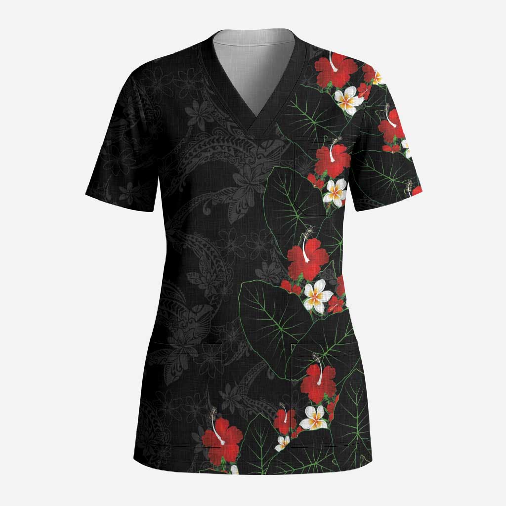Hawaiian Taro Leaves-Hibiscus and Plumeria Scrub Top Floral Tribal Tattoo Motif LT03 Adult Black - Polynesian Pride
