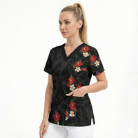 Hawaiian Taro Leaves-Hibiscus and Plumeria Scrub Top Floral Tribal Tattoo Motif LT03 - Polynesian Pride