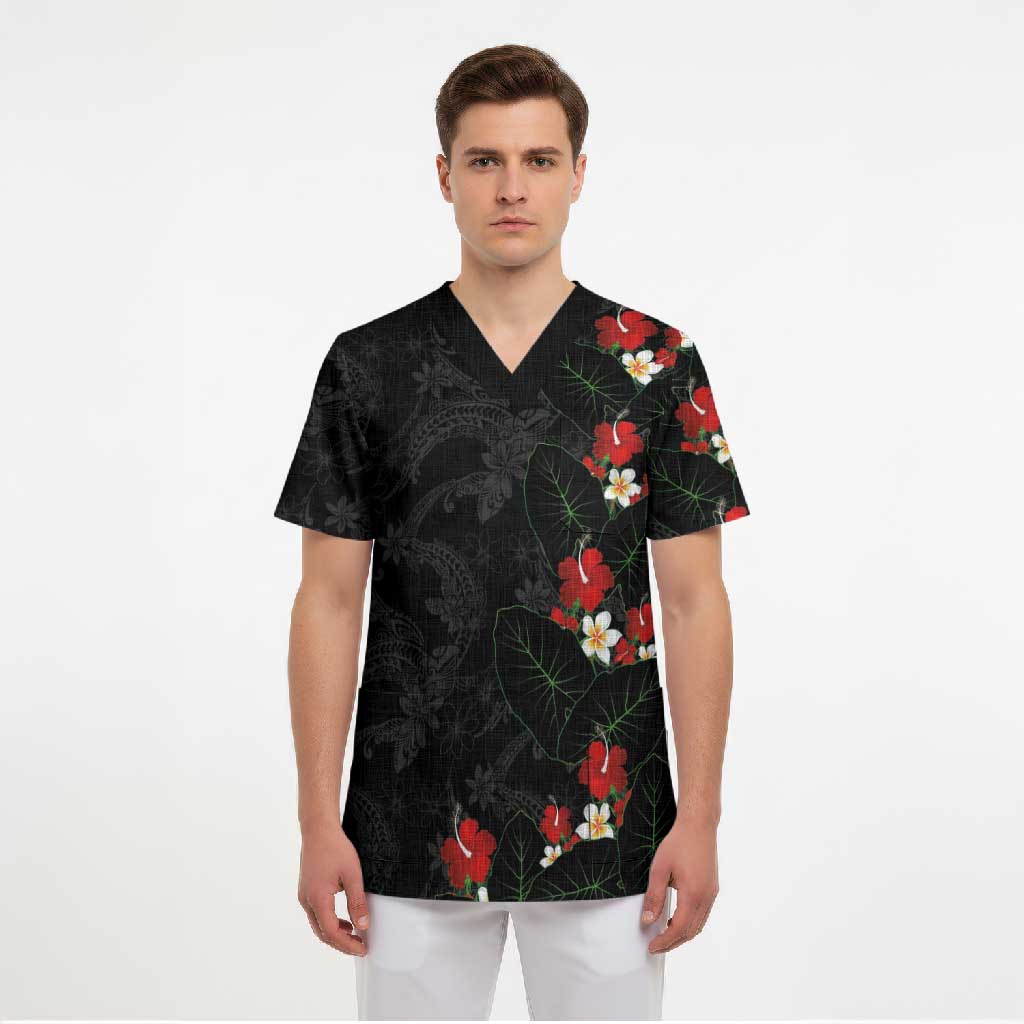 Hawaiian Taro Leaves-Hibiscus and Plumeria Scrub Top Floral Tribal Tattoo Motif LT03 - Polynesian Pride