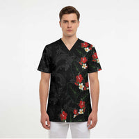 Hawaiian Taro Leaves-Hibiscus and Plumeria Scrub Top Floral Tribal Tattoo Motif LT03 - Polynesian Pride