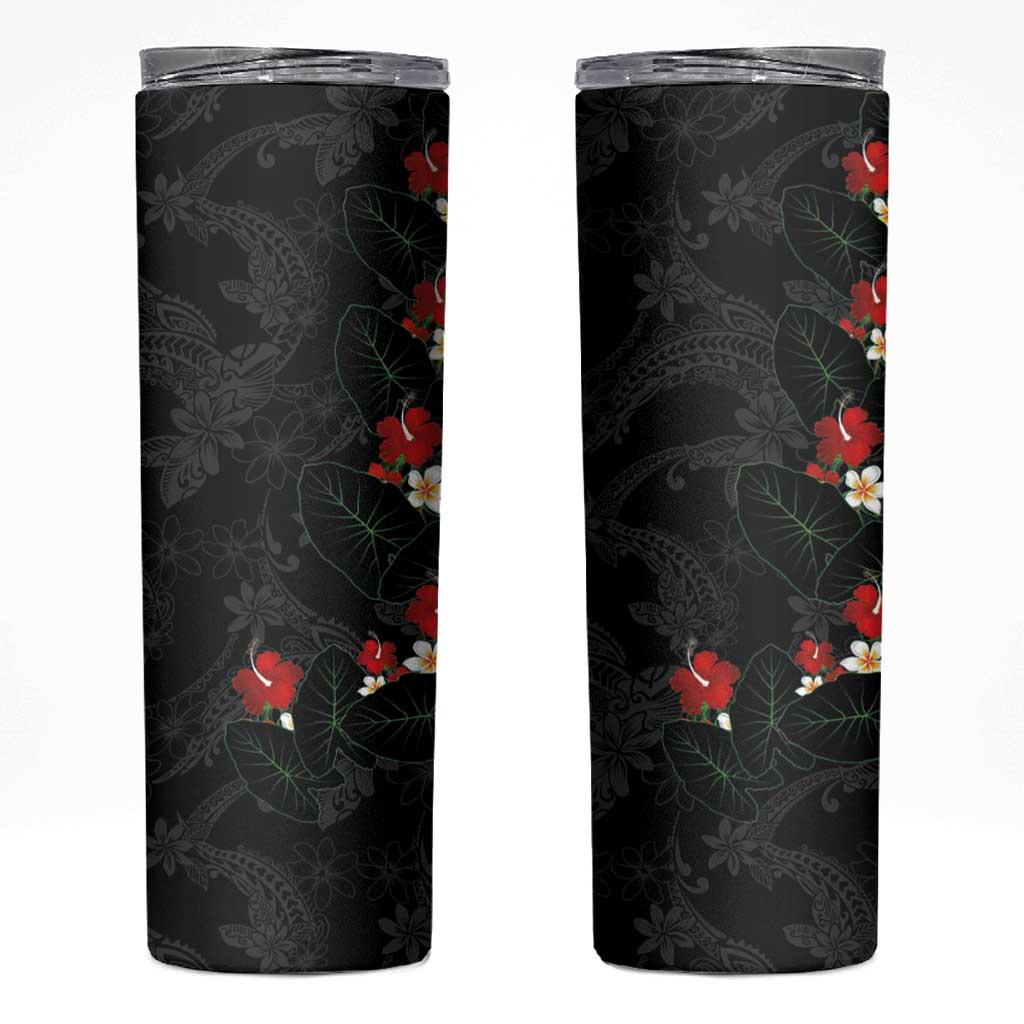 Hawaiian Taro Leaves-Hibiscus and Plumeria Skinny Tumbler Floral Tribal Tattoo Motif LT03 Black - Polynesian Pride