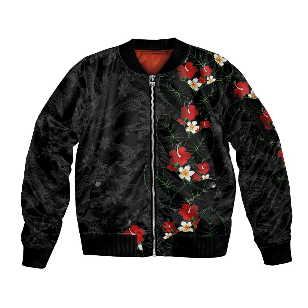 Hawaiian Taro Leaves-Hibiscus and Plumeria Sleeve Zip Bomber Jacket Floral Tribal Tattoo Motif