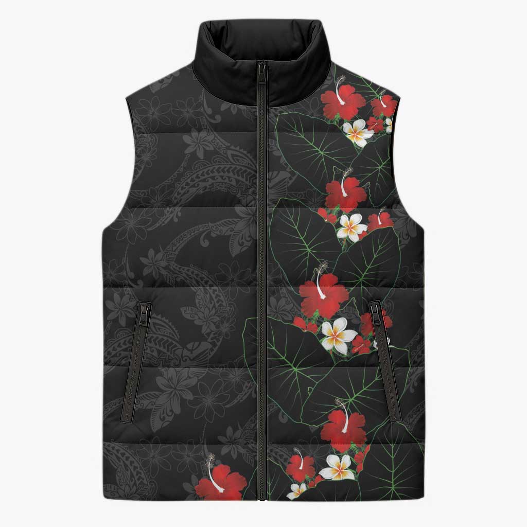Hawaiian Taro Leaves-Hibiscus and Plumeria Sleeveless Puffer Jacket Floral Tribal Tattoo Motif