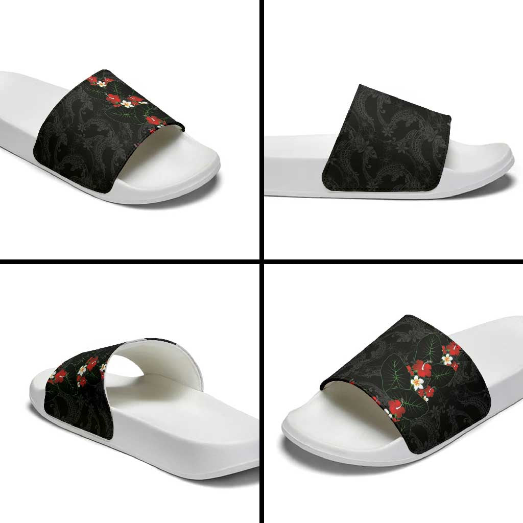 Hawaiian Taro Leaves-Hibiscus and Plumeria Slide Sandals Floral Tribal Tattoo Motif