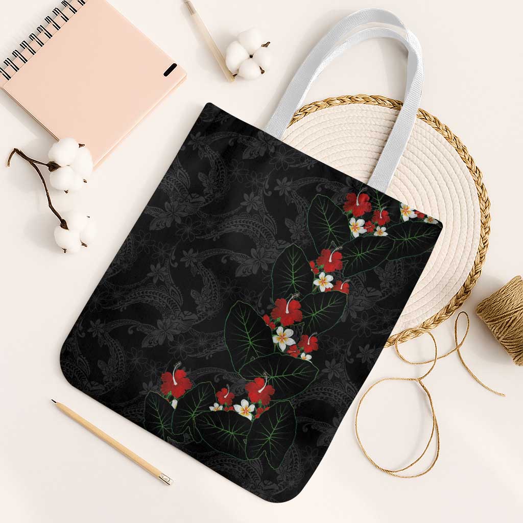 Hawaiian Taro Leaves-Hibiscus and Plumeria Tote Bag Floral Tribal Tattoo Motif