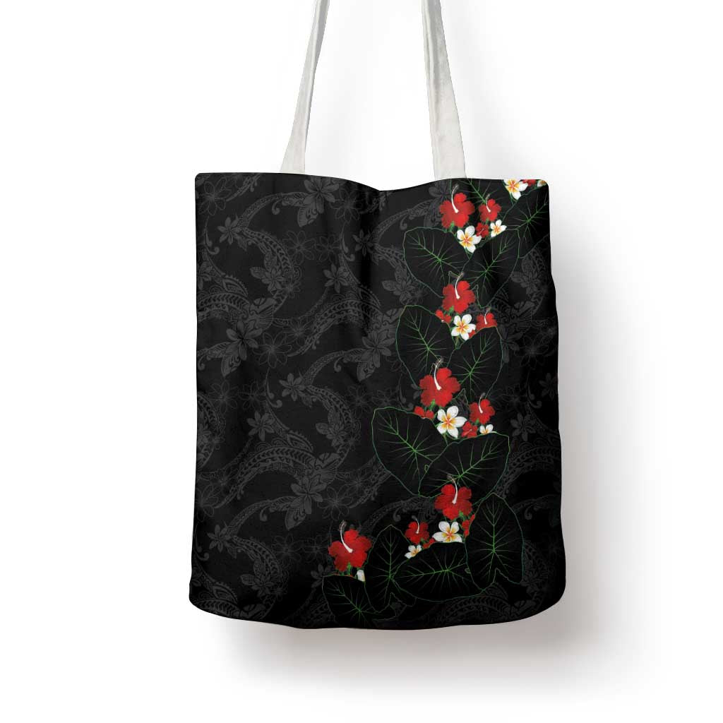 Hawaiian Taro Leaves-Hibiscus and Plumeria Tote Bag Floral Tribal Tattoo Motif