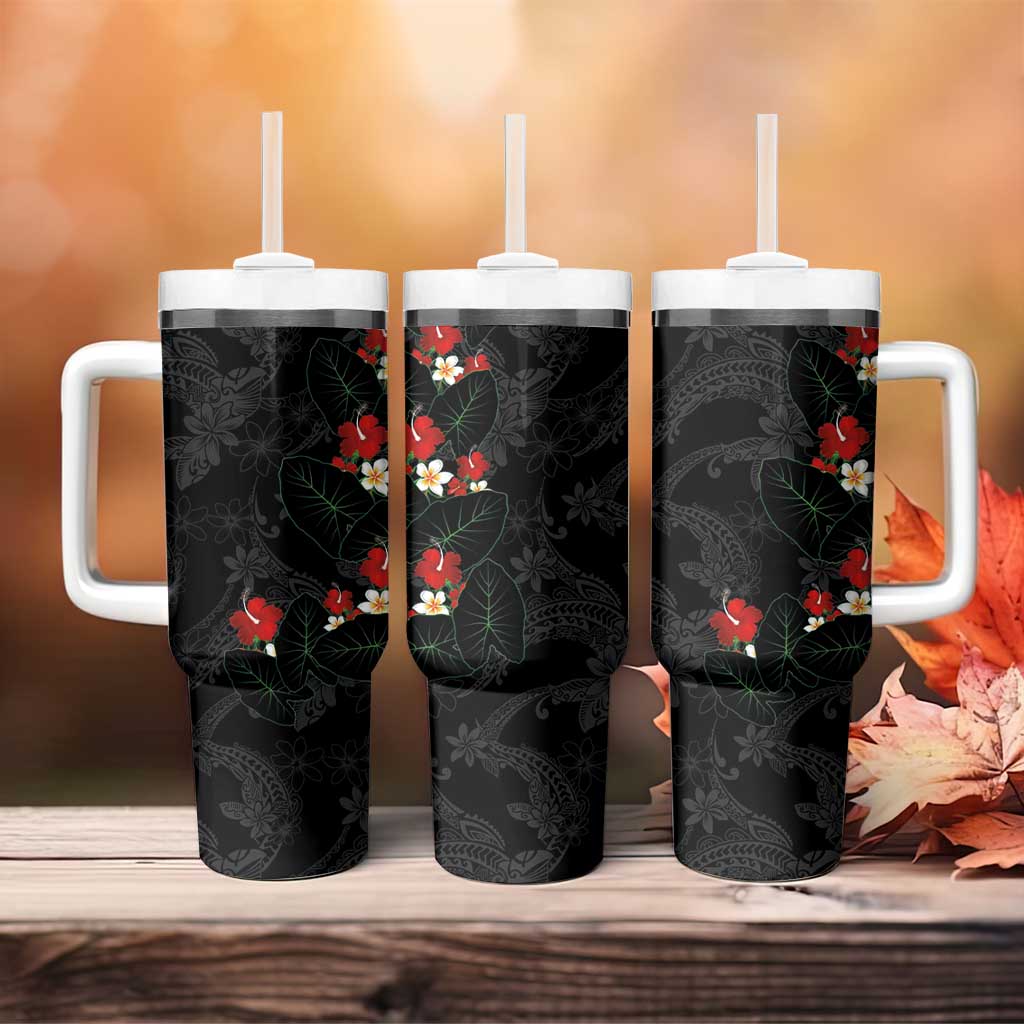Hawaiian Taro Leaves-Hibiscus and Plumeria Tumbler With Handle Floral Tribal Tattoo Motif