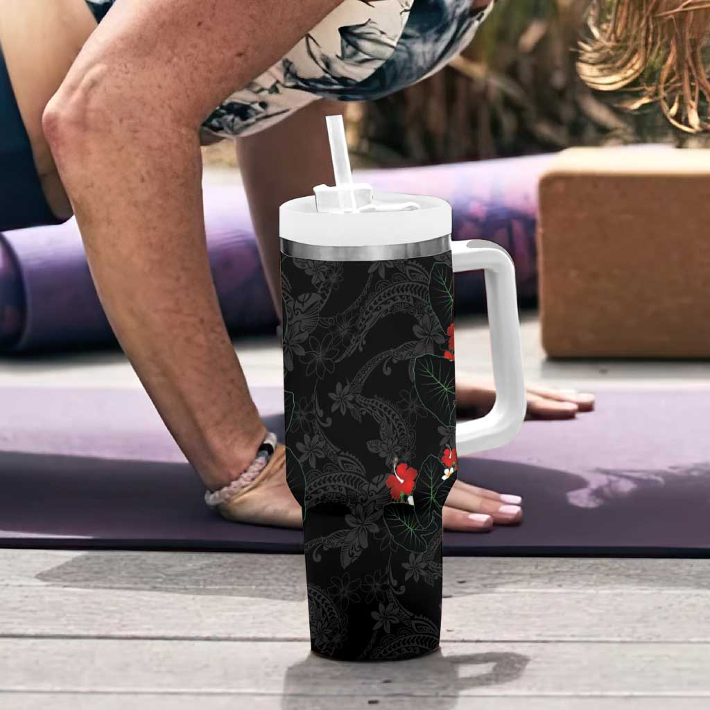 Hawaiian Taro Leaves-Hibiscus and Plumeria Tumbler With Handle Floral Tribal Tattoo Motif