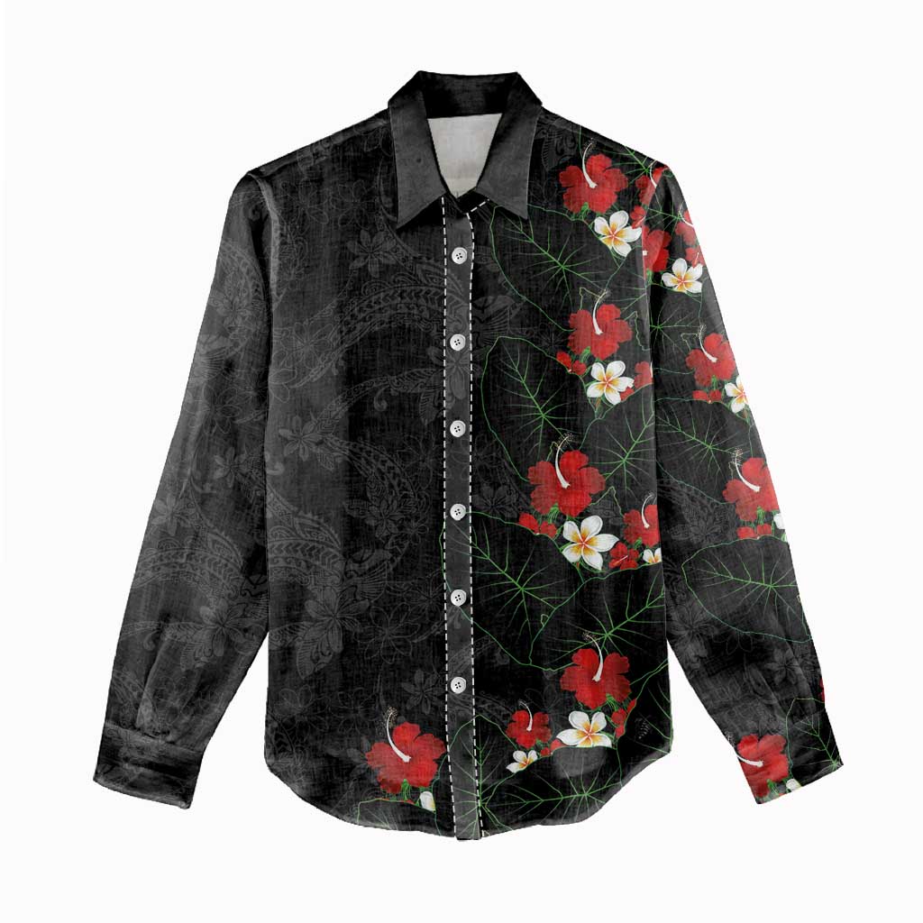Hawaiian Taro Leaves-Hibiscus and Plumeria Women Casual Shirt Floral Tribal Tattoo Motif LT03 - Polynesian Pride