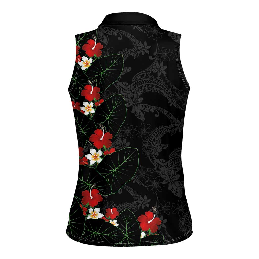 Hawaiian Taro Leaves-Hibiscus and Plumeria Women Sleeveless Polo Shirt Floral Tribal Tattoo Motif LT03 - Polynesian Pride