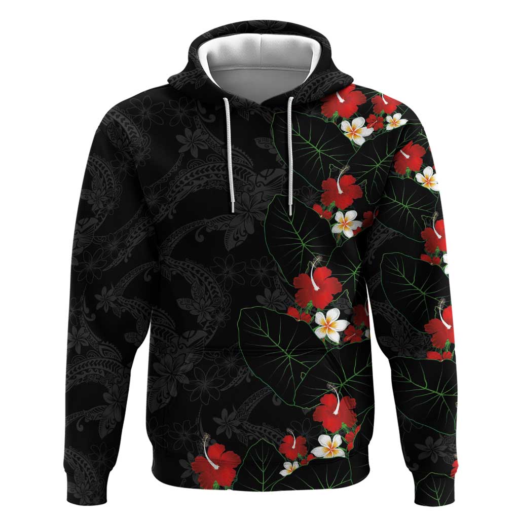 Hawaiian Taro Leaves-Hibiscus and Plumeria Zip Hoodie Floral Tribal Tattoo Motif LT03 Pullover Hoodie Black - Polynesian Pride