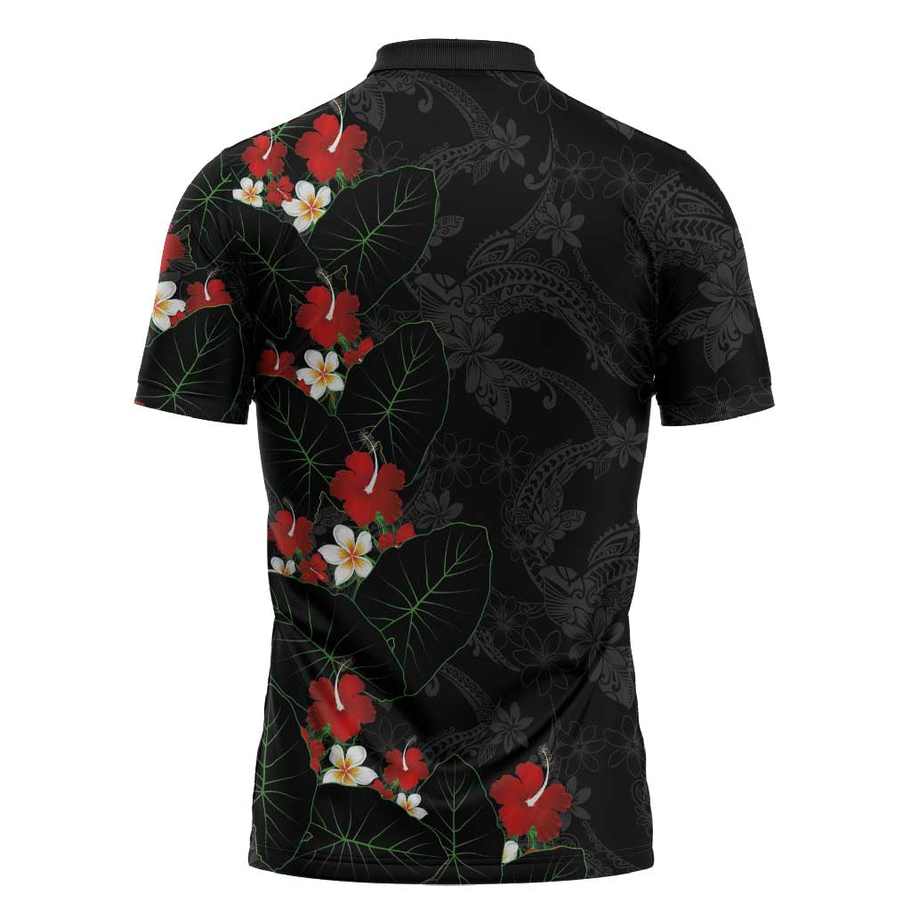 Hawaiian Taro Leaves-Hibiscus and Plumeria Zipper Polo Shirt Floral Tribal Tattoo Motif LT03 - Polynesian Pride