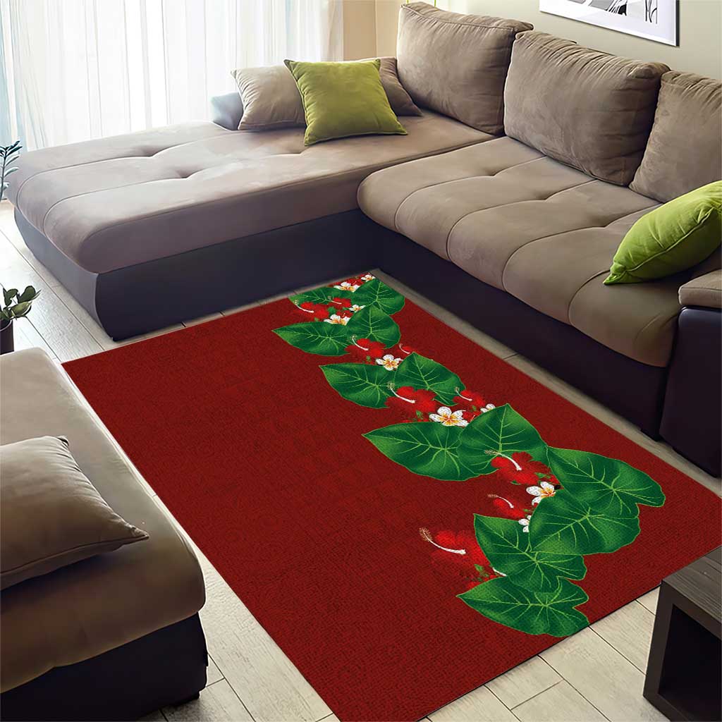 Hawaiian Taro Leaves-Hibiscus and Plumeria Area Rug Polynesian Art-Kakau Tattoo Red LT03 - Polynesian Pride