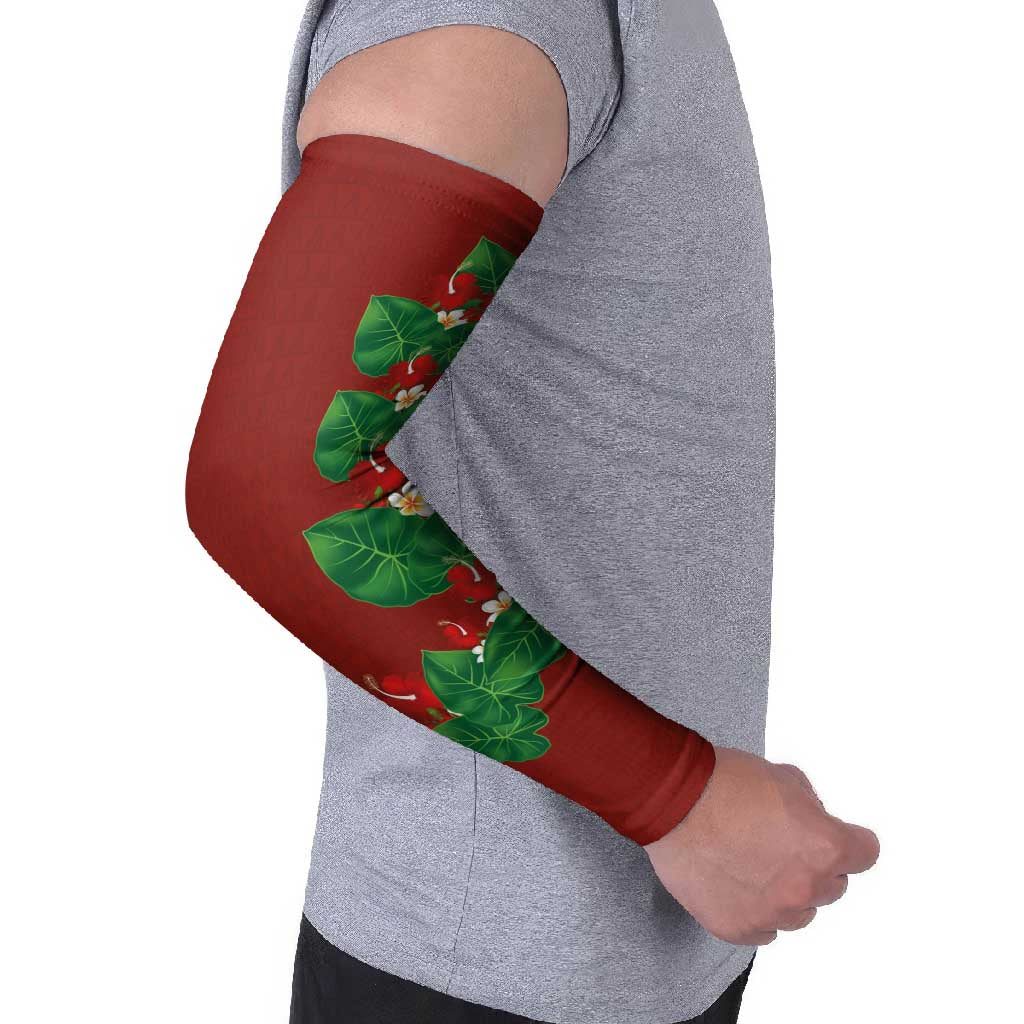 Hawaiian Taro Leaves-Hibiscus and Plumeria Arm Sleeves Polynesian Art-Kakau Tattoo Red LT03 - Polynesian Pride