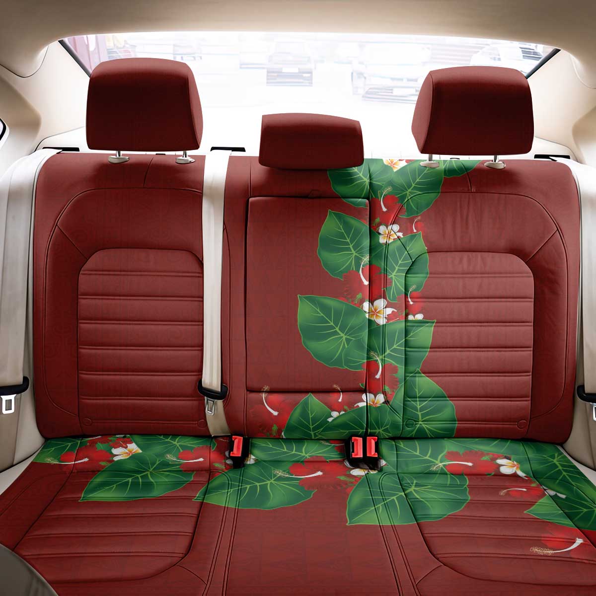 Hawaiian Taro Leaves-Hibiscus and Plumeria Back Car Seat Cover Polynesian Art-Kakau Tattoo Red
