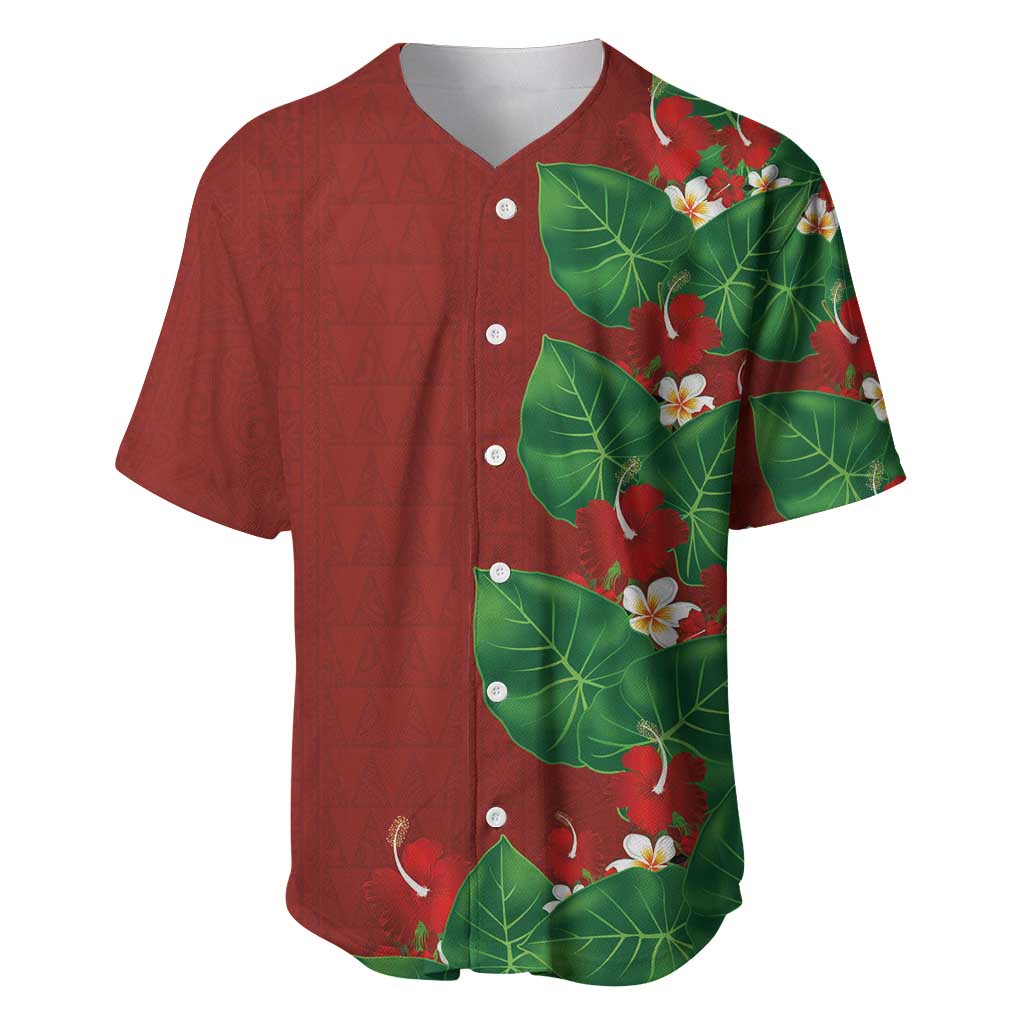 Hawaiian Taro Leaves-Hibiscus and Plumeria Baseball Jersey Polynesian Art-Kakau Tattoo Red