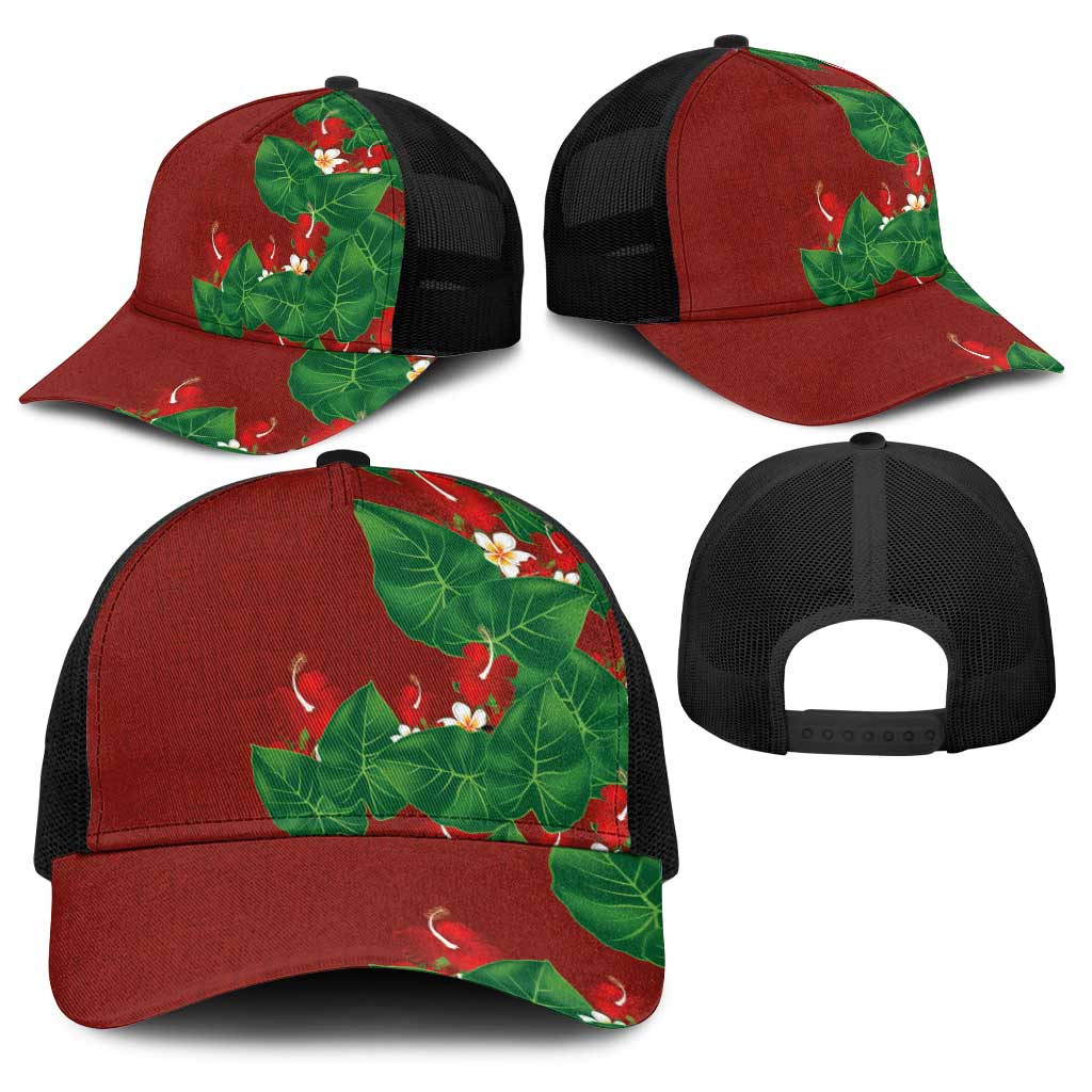 Hawaiian Taro Leaves-Hibiscus and Plumeria Baseball Net Cap Polynesian Art-Kakau Tattoo Red LT03 - Polynesian Pride